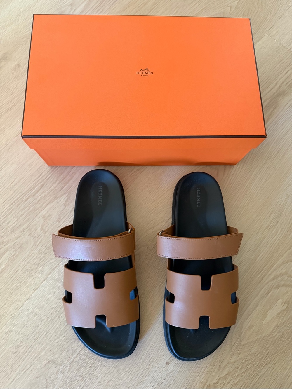 Hermes Tan Leather chypre Men's Slide Sandals size 46 natural